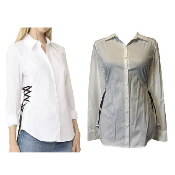 Ramy Brook Lila Corset Side Lace Up Button Down Top Optic White & Black - Picture 1 of 15